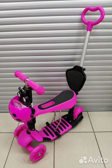 Самокат Scooter 5в1 с родительской ручкой. Розовый