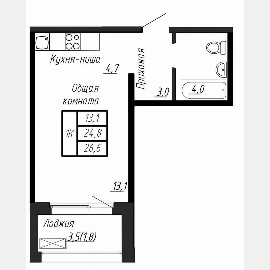 Квартира-студия, 26,6 м², 2/17 эт.
