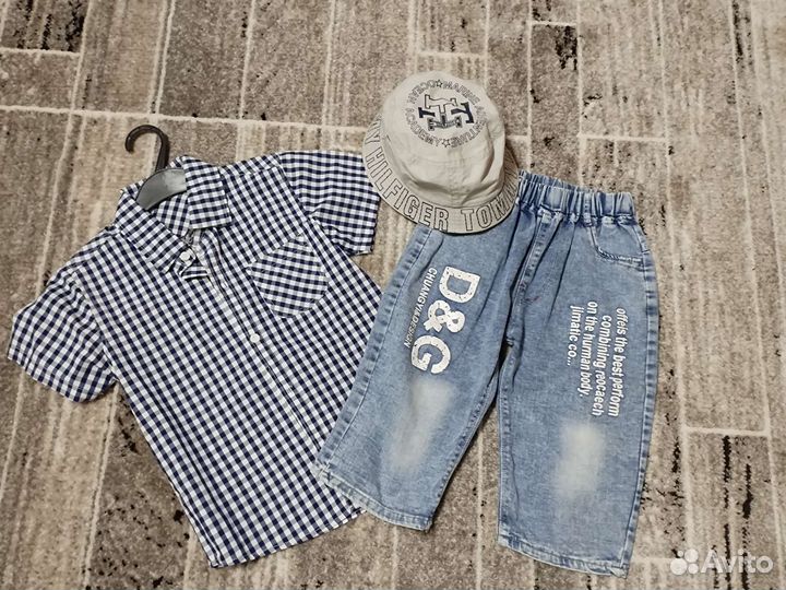 Джинсовые шорты+рубашка, панама