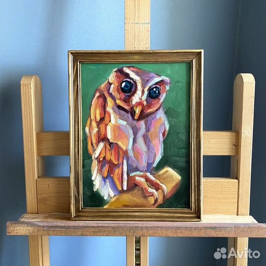 Ночная птица картина маслом в раме 27x34,5см сова