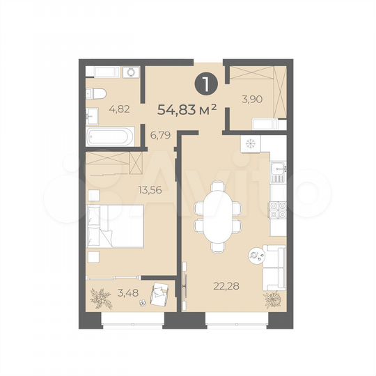 1-к. квартира, 53,8 м², 2/7 эт.