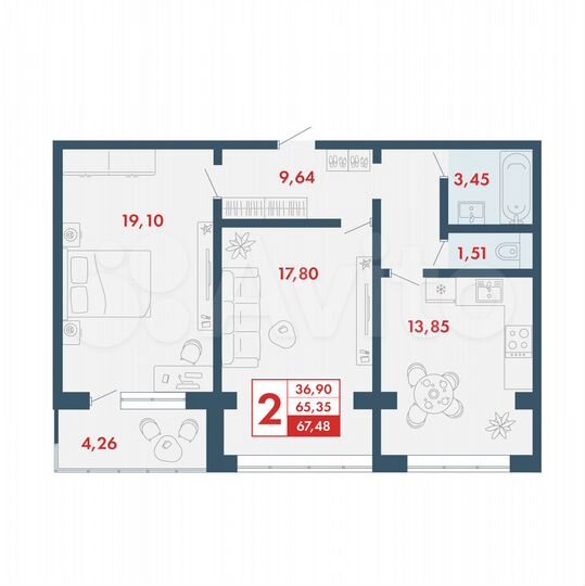 2-к. квартира, 67,5 м², 4/16 эт.