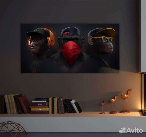 Картина три обезьяны на холсте премиум