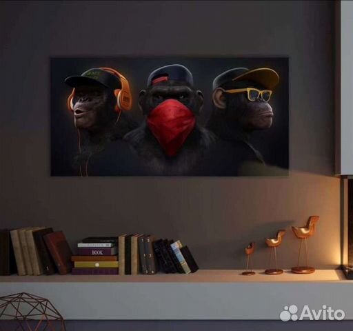 Картина три обезьяны на холсте премиум