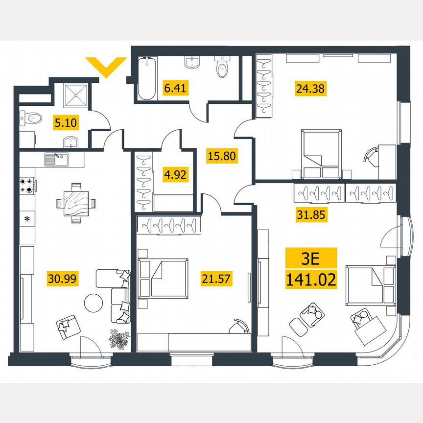 3-к. квартира, 142,2 м², 6/9 эт.