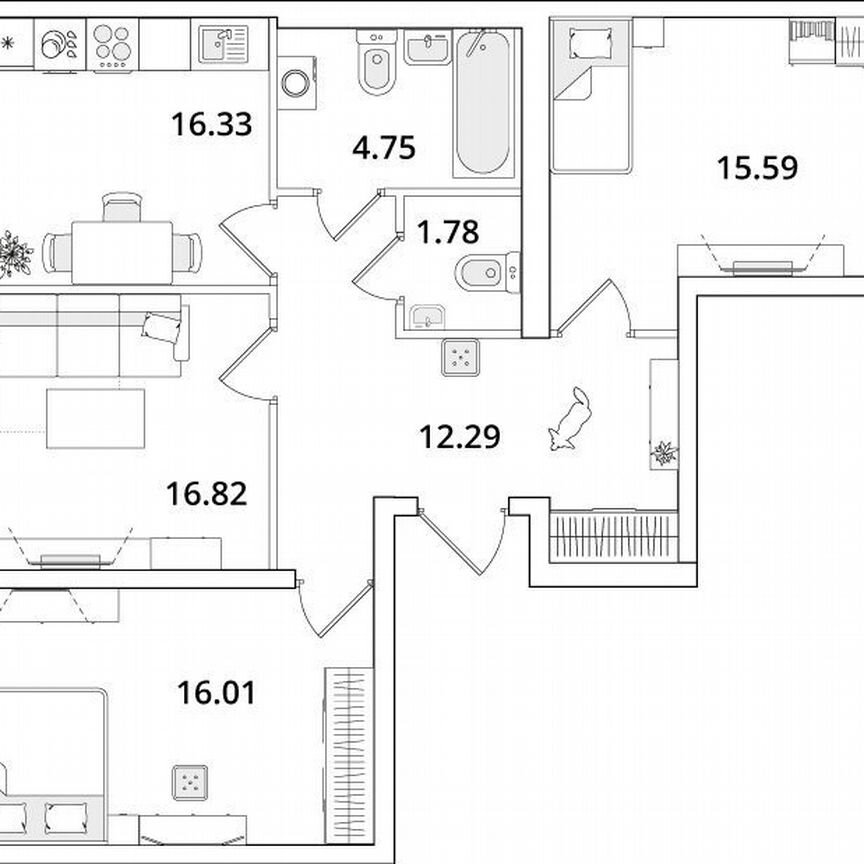 3-к. квартира, 86,4 м², 2/12 эт.