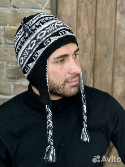 Мужская шапка Перу шерсть альпака Чульо двусторонняя цвет серо-черный