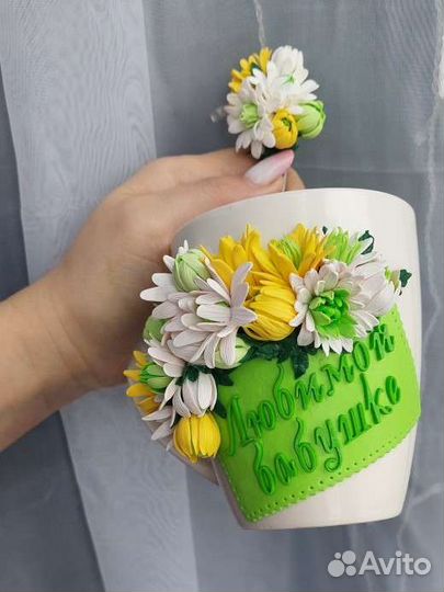 Кружка с декором из полимерной глины,ручная работа