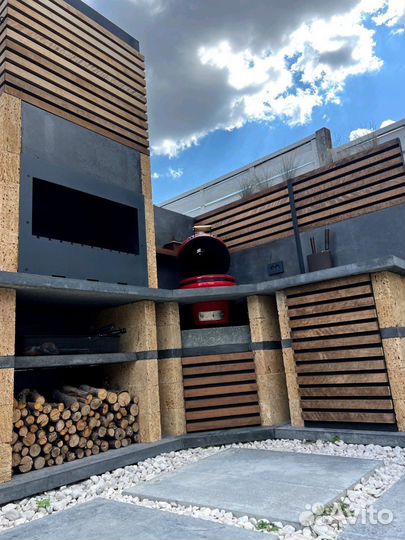 Печь барбекю комплекс из бетона с мангалом и тандыром