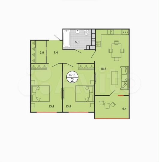 2-к. квартира, 67,3 м², 16/19 эт.