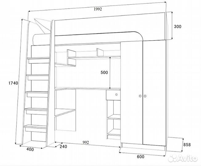 Кровать чердак со столом и шкафом Белый/Венге