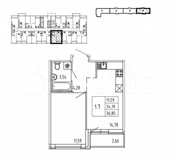 1-к. квартира, 36,9 м², 3/19 эт.