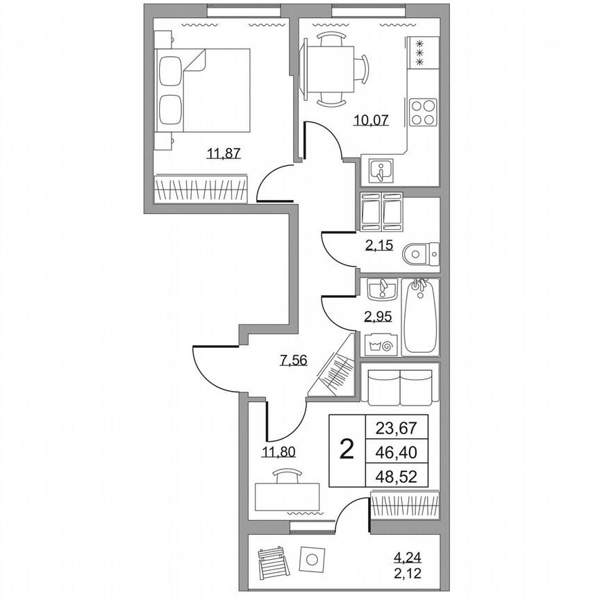 2-к. квартира, 48,5 м², 15/19 эт.