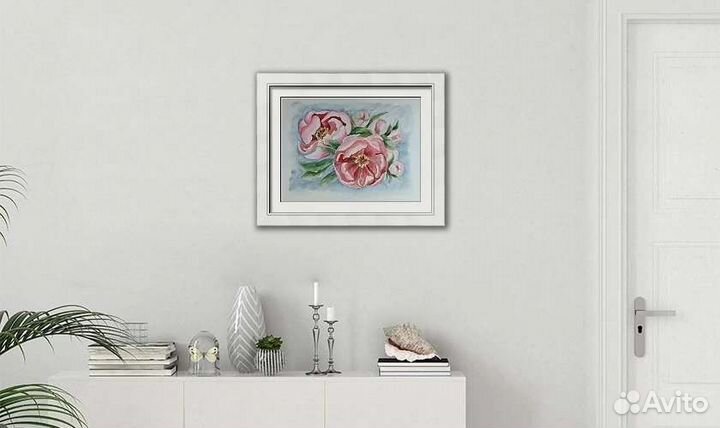 Авторская акварель, картина в раме с паспарту