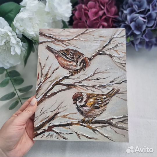 Воробьи картина маслом птичка воробей миниатюра