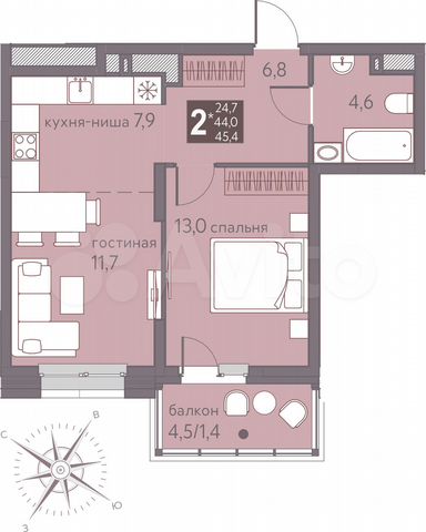 2-к. квартира, 45,4 м², 2/16 эт.