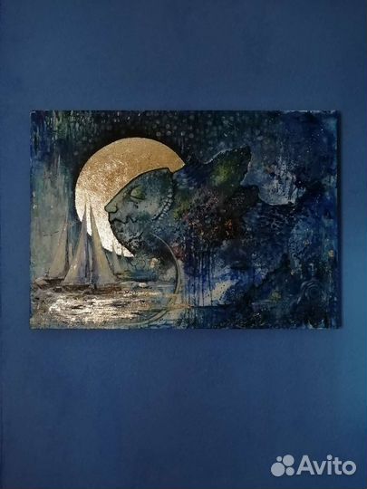 Авторская картина маслом с поталью, рыба