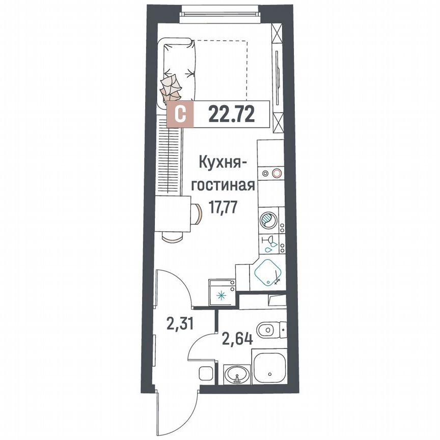 Квартира-студия, 22,7 м², 2/18 эт.