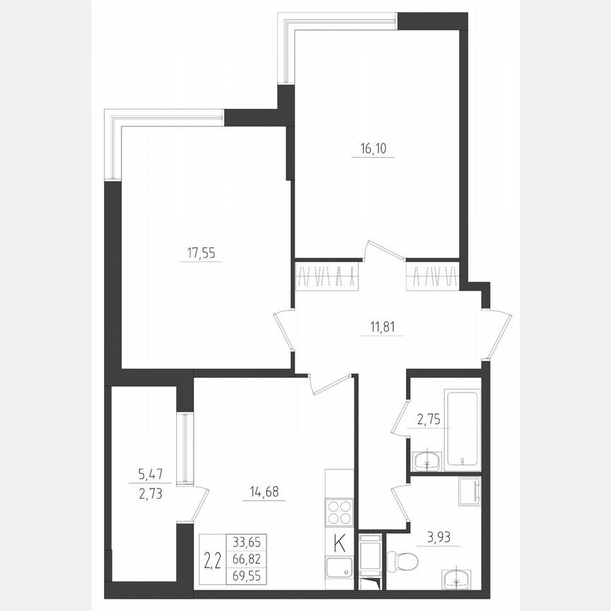2-к. квартира, 69,6 м², 2/8 эт.