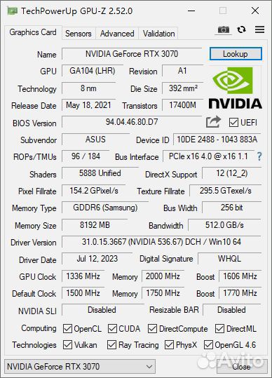 Видеокарта asus GeForce RTX 3070 Dual V2 OC Editio