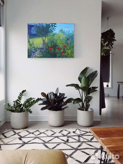 Картина маслом на холсте пейзаж с цветами 