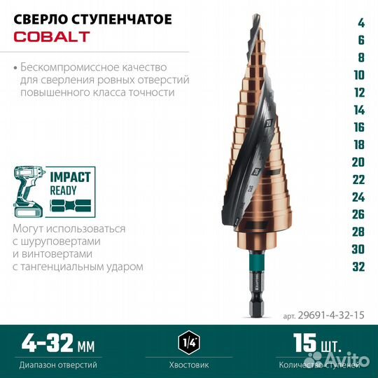 Сверло ступенчатое 4-32 мм, 15 ступеней kraftool c