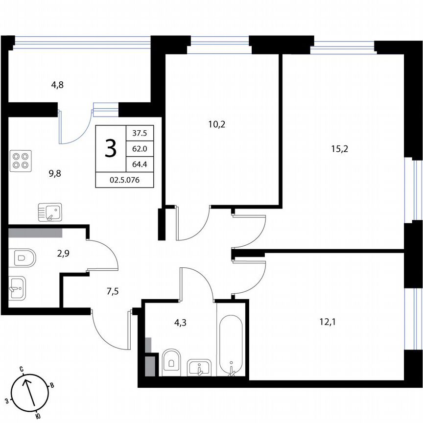 3-к. квартира, 64,4 м², 2/3 эт.