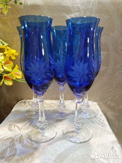 Бокалы кобальтовое стекло. Винтаж. Чехия хх век