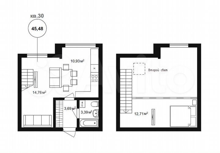 2-к. квартира, 45,4 м², 4/4 эт.