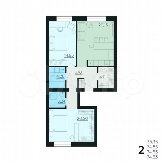 2-к. квартира, 74,8 м², 4/6 эт.