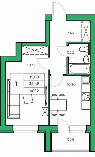 1-к. квартира, 38,5 м², 6/9 эт.