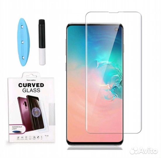 Защитное стекло Samsung S10 plus, с уф клеем.Новое