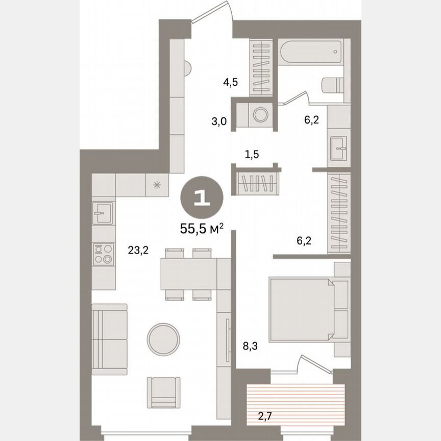 1-к. квартира, 55,5 м², 6/15 эт.