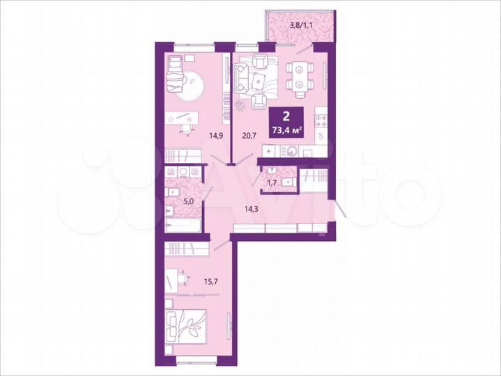 2-к. квартира, 73,4 м², 2/4 эт.