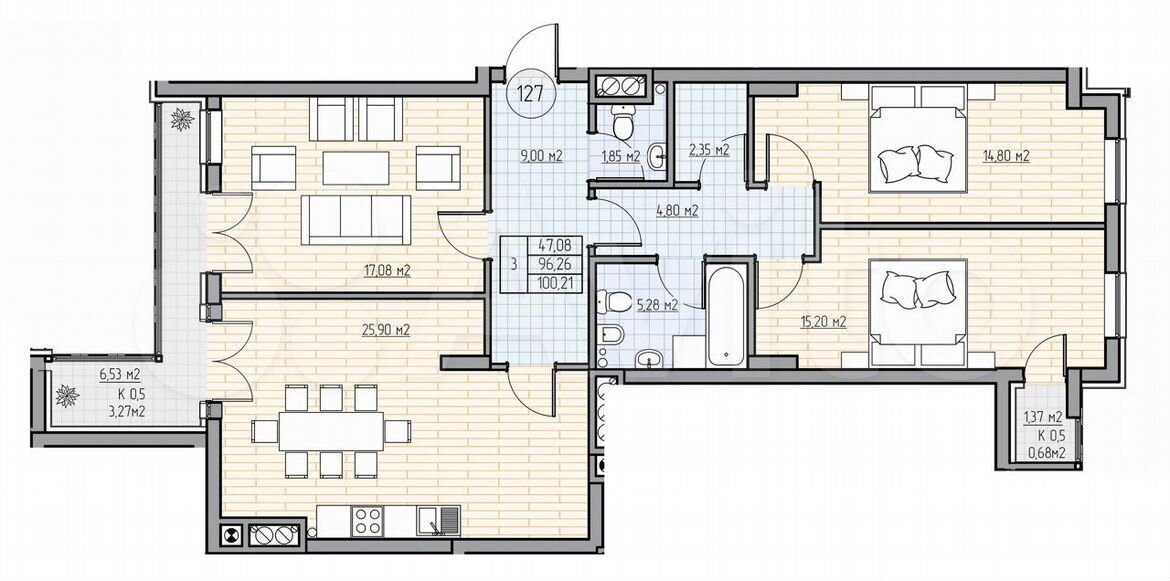 3-к. квартира, 99,6 м², 3/7 эт.