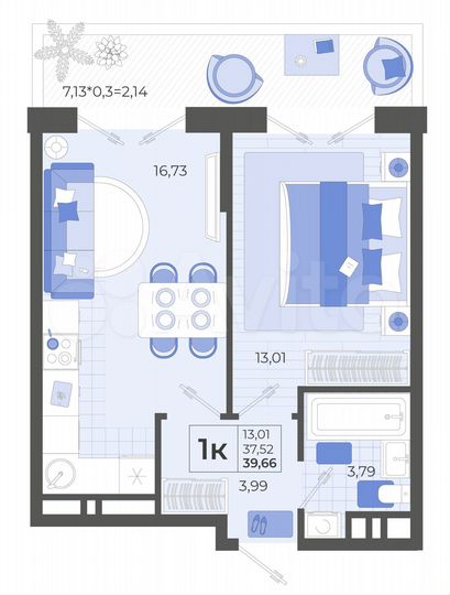 1-к. квартира, 39,7 м², 2/14 эт.