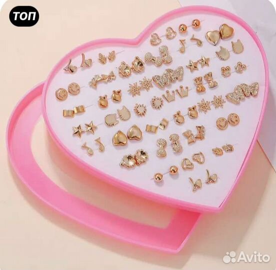 Новый набор сердечко. 32 пары сережек