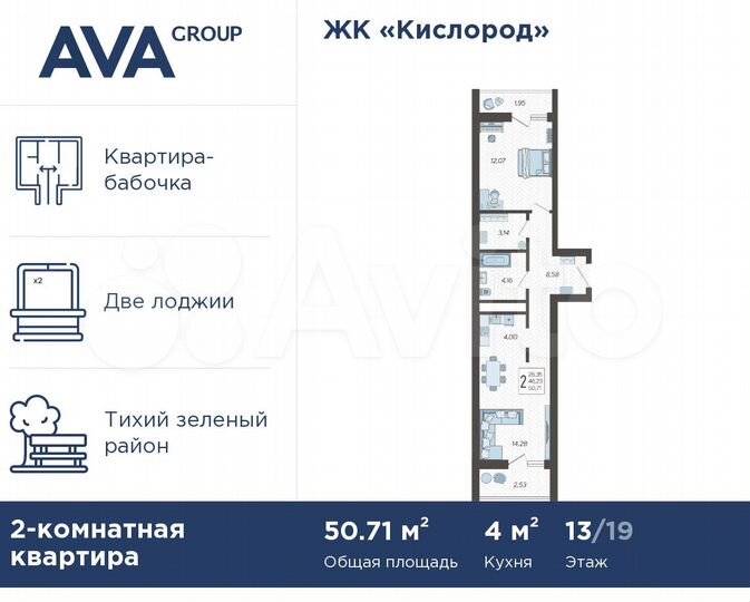 2-к. квартира, 50,7 м², 13/19 эт.
