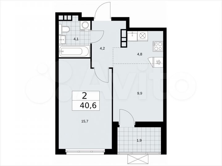 2-к. квартира, 40,6 м², 15/19 эт.