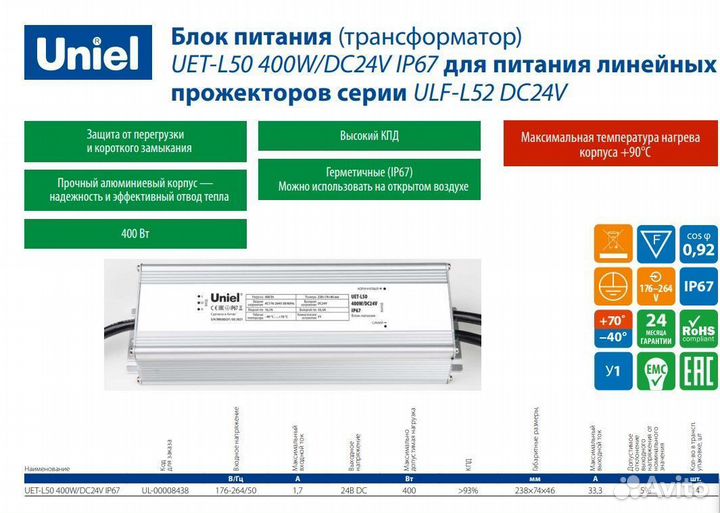 Блок питания для прожекторов 400Вт DC24V UET-L50