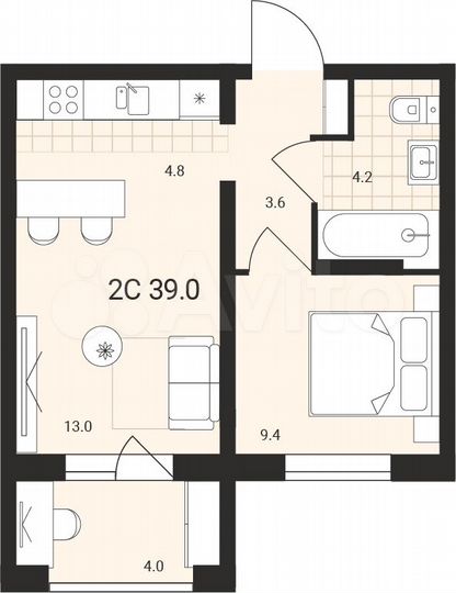 Квартира-студия, 39 м², 1/14 эт.