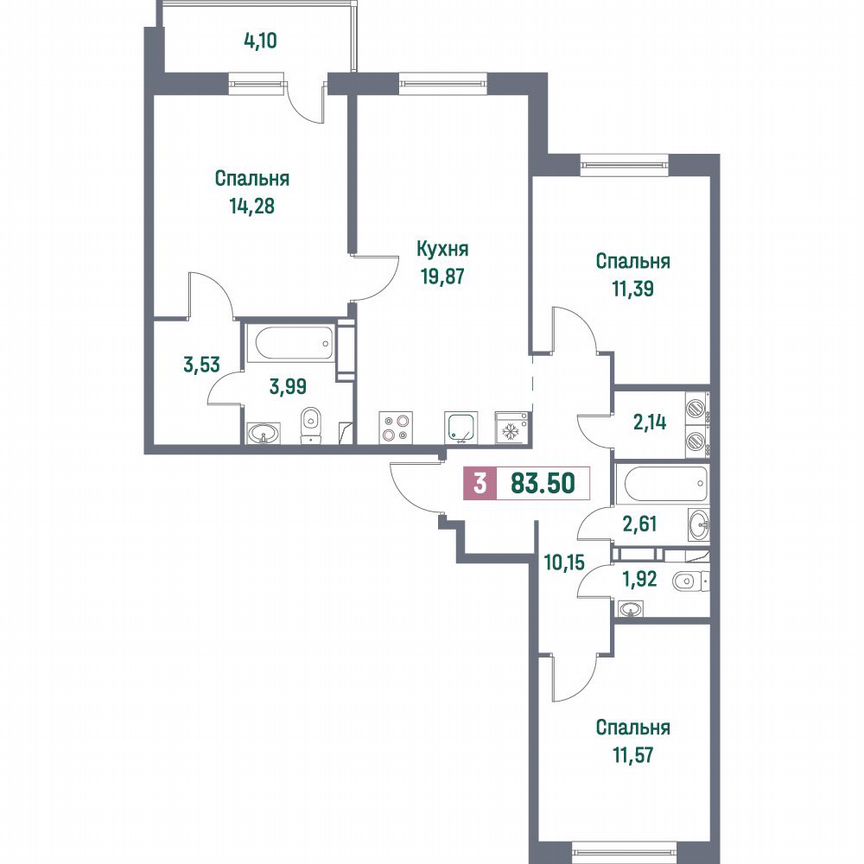 3-к. квартира, 83,5 м², 6/16 эт.