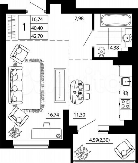 1-к. квартира, 42,8 м², 18/24 эт.