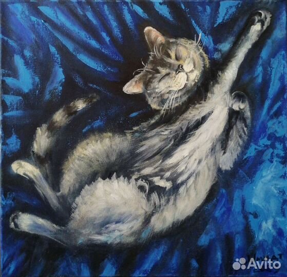 Картина маслом на холсте. Сон счастливого кота