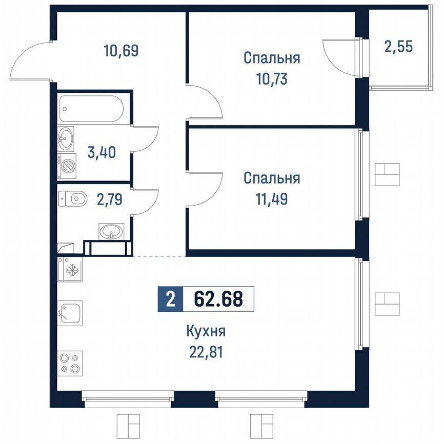 2-к. квартира, 61,9 м², 11/18 эт.