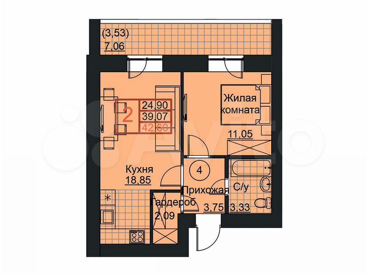 2-к. квартира, 42,6 м², 13/19 эт.