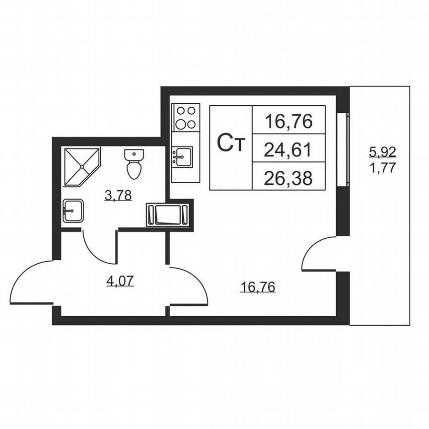 Квартира-студия, 26,4 м², 4/19 эт.