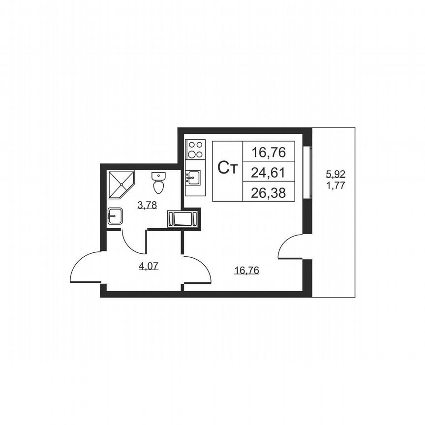 Квартира-студия, 26,4 м², 4/19 эт.