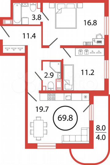 2-к. квартира, 69,8 м², 4/12 эт.