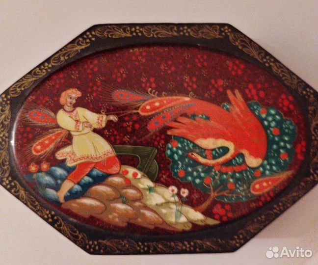 Шкатулка лаковая миниатюра Жар-птица в стиле Холуй